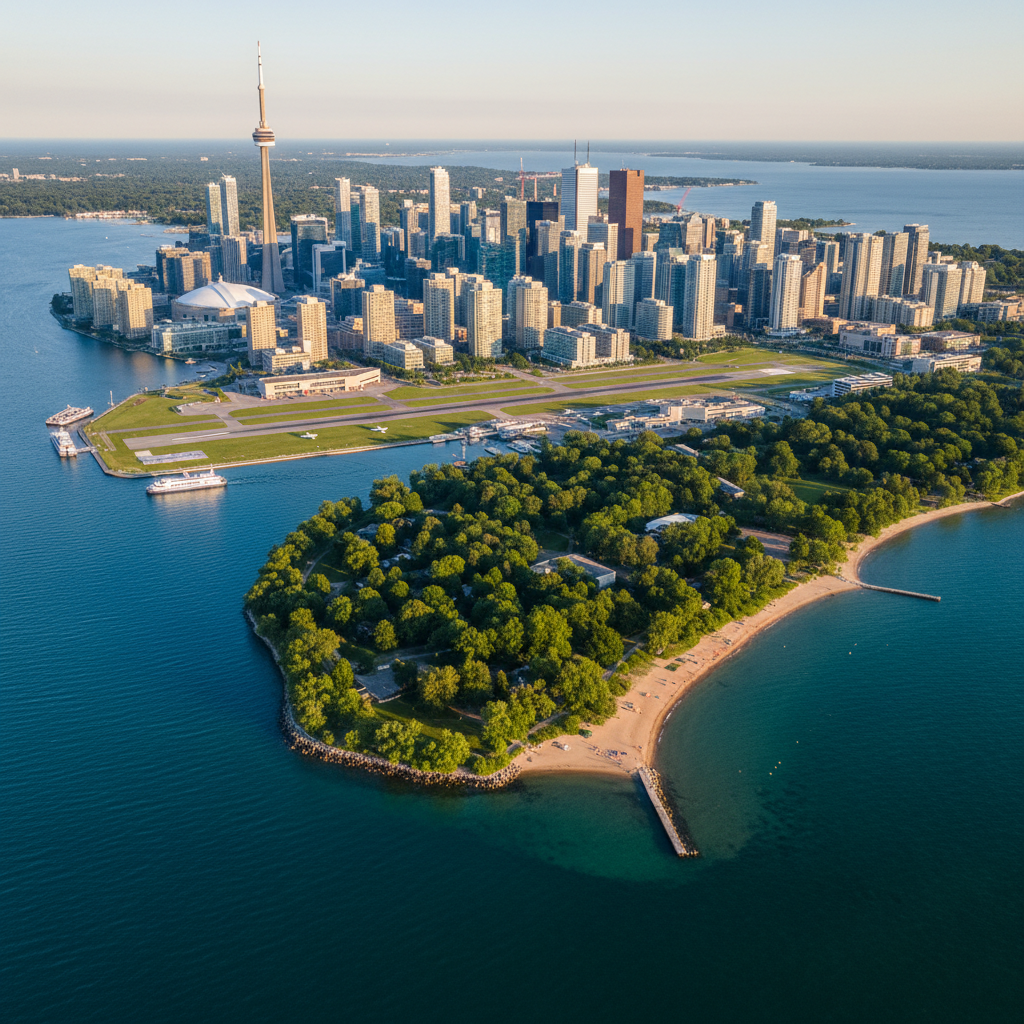 A sweeping aerial view of Toronto Island on a clear summer day, captured in photographic realism. The lush green canopy of trees contrasts against bright sandy beaches and the deep blue of Lake Ontario, with the compact runway of Billy Bishop Airport clearly visible along the water’s edge. The skyline of downtown Toronto rises crisply in the distant background, separated from the island by a shimmering channel. Shot in soft late-afternoon light that casts long, gentle shadows and warm highlights across the landscape, the composition uses a wide-angle, high-altitude perspective with sharp focus throughout. The mood is contemplative and professional, emphasizing the delicate balance between natural green space and encroaching infrastructure.