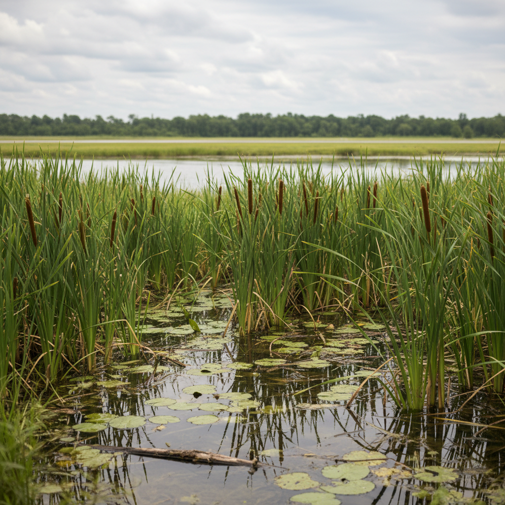A detailed close-up of a Toronto Island marsh ecosystem in photographic realism, highlighting the natural beauty at stake. Tall, vibrant green reeds and cattails rise from shallow, reflective water dotted with lily pads and natural debris. The surface captures a soft mirror image of the sky and distant tree line. In the far background, slightly out of focus, the straight geometric line of the Billy Bishop Airport runway interrupts the natural horizon, emphasizing contrast between habitat and infrastructure. Soft overcast lighting creates even, diffused illumination with gentle, muted colors and minimal harsh shadows. Shot with a shallow depth of field from a low angle just above the waterline, the composition feels intimate, calm, and scientific, reinforcing a professional, conservation-focused message about fragile ecosystems under pressure.