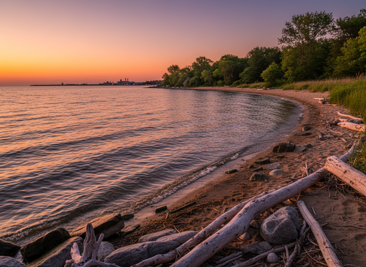 A tranquil Toronto Island shoreline at golden hour, rendered in clean photographic realism. Smooth, weathered rocks and driftwood line the edge of calm, rippling water that reflects the warm orange and pink hues of the sky. In the mid-distance, a small stretch of sandy beach curves gently toward dense, mature trees and natural marsh grasses. Across the water, the silhouette of the Billy Bishop Airport runway and terminal structures appears subtly on the horizon, softened by atmospheric haze. The lighting is warm and low, creating gentle highlights on the water and long shadows along the shore. Shot from a low eye-level angle with the shoreline leading into the frame, the mood is serene yet slightly tense, hinting at the encroachment of development on a peaceful natural refuge.